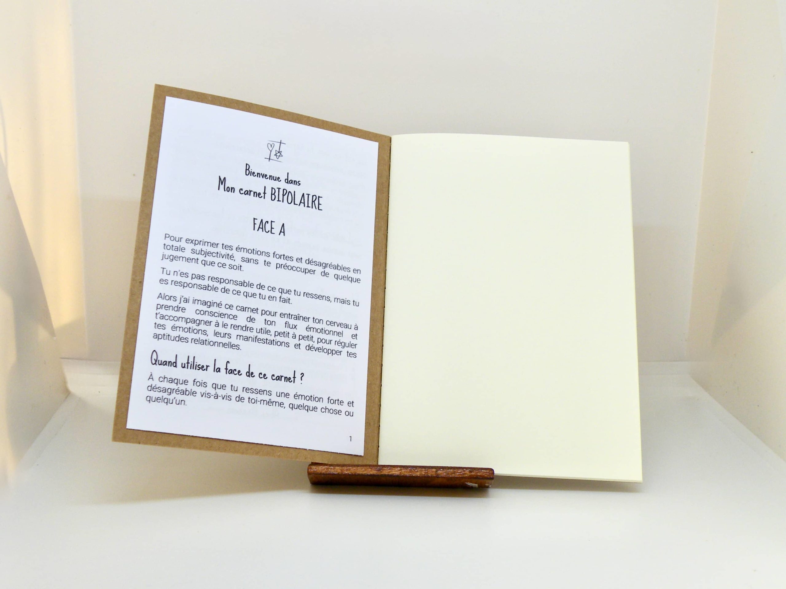 Page 1 du mode d'emploi de Mon carnet BIPOLAIRE - Face A - Ici reposent mes émotions fortes et désagréables en totale subjectivité. Mon carnet BIPOLAIRE fait partie des Carnets d'Expression de la collection "Le Cœur sur terre et la tête dans les étoiles". Distribution Du Baume Aux Cœurs - Concept store - Créations originales inspirantes. Créons des aujourd'hui pour mieux vivre demain. ACCOMPAGNEMENTS ATYPIQUES | CURIOSITÉS POÉTIQUES | ANIMATIONS CRÉATIVES www.ame-expressive.fr