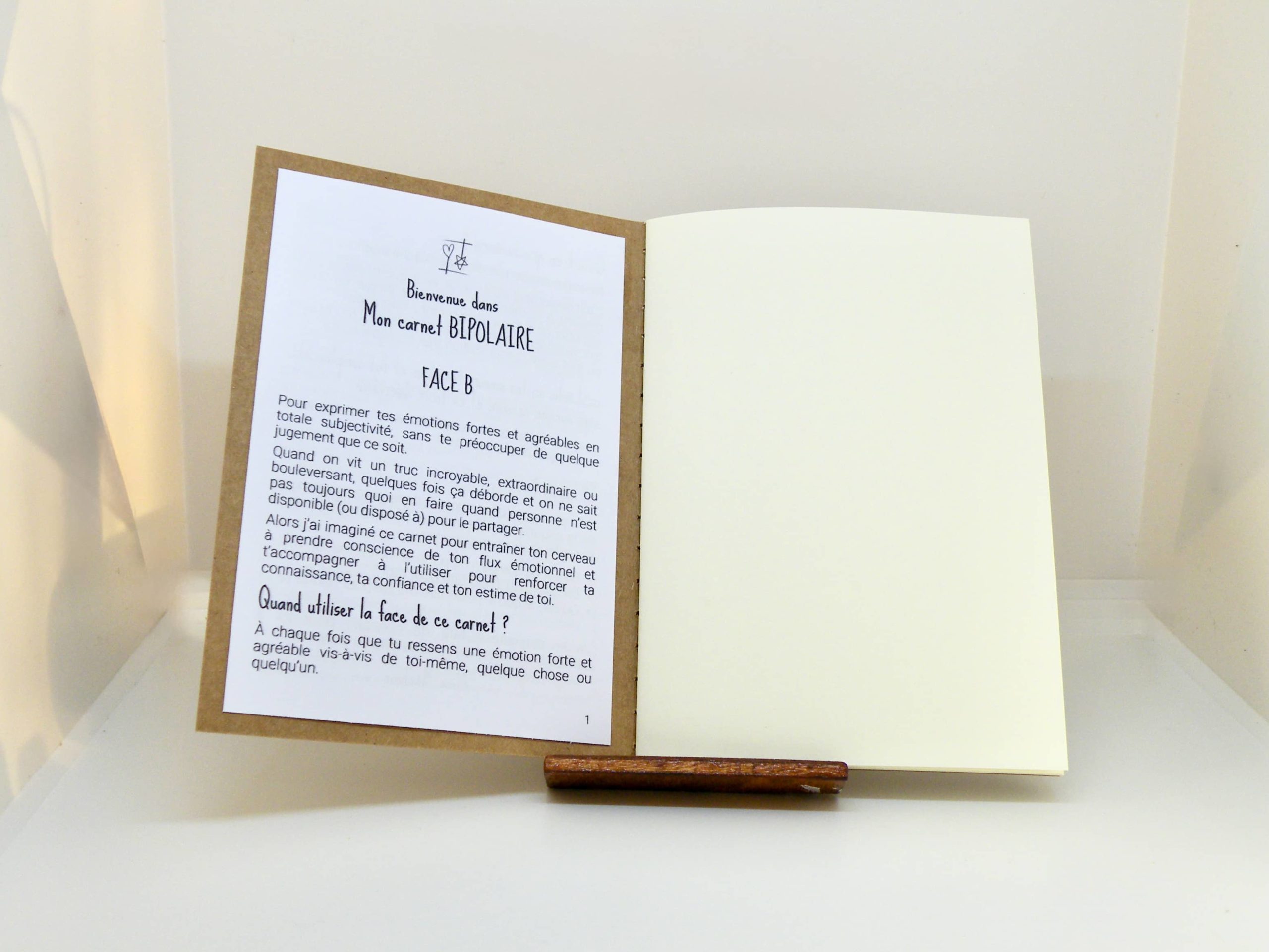 Page 1 du mode d'emploi de Mon carnet BIPOLAIRE - Face B - Ici reposent mes émotions fortes et agréables en totale subjectivité. Mon carnet BIPOLAIRE fait partie des Carnets d'Expression de la collection "Le Cœur sur terre et la tête dans les étoiles". Distribution Du Baume Aux Cœurs - Concept store - Créations originales inspirantes. Créons des aujourd'hui pour mieux vivre demain. ACCOMPAGNEMENTS ATYPIQUES | CURIOSITÉS POÉTIQUES | ANIMATIONS CRÉATIVES www.ame-expressive.fr