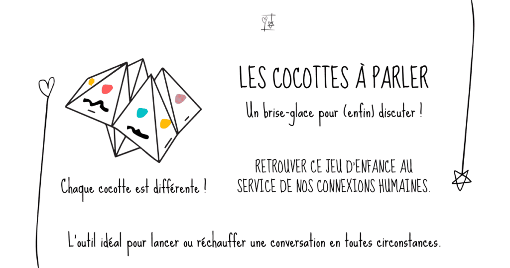 Les cocottes à parler pour briser la glace et enfin discuter. L'outil idéal pour lancer ou réchauffer une conversation en toutes circonstances (dîner, mariage, fête, réunion, teambuilding, etc. Distribution Du Baume Aux Cœurs - Concept store - Créations originales inspirantes. Créons des aujourd'hui pour mieux vivre demain. ACCOMPAGNEMENTS ATYPIQUES | CURIOSITÉS POÉTIQUES | ANIMATIONS CRÉATIVES www.ame-expressive.fr