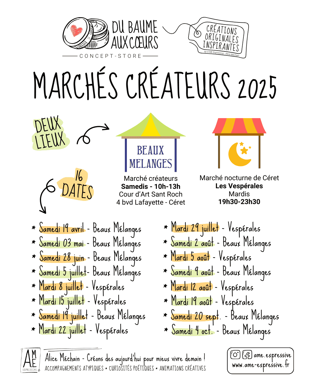Marchés créateurs de l'été 2025 pour AME Expressive et Du Baume aux Cœurs